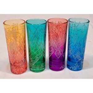 Set of 4 Ombre Etched City Map Shot Glasses Multicolor Gradient Barware Tall